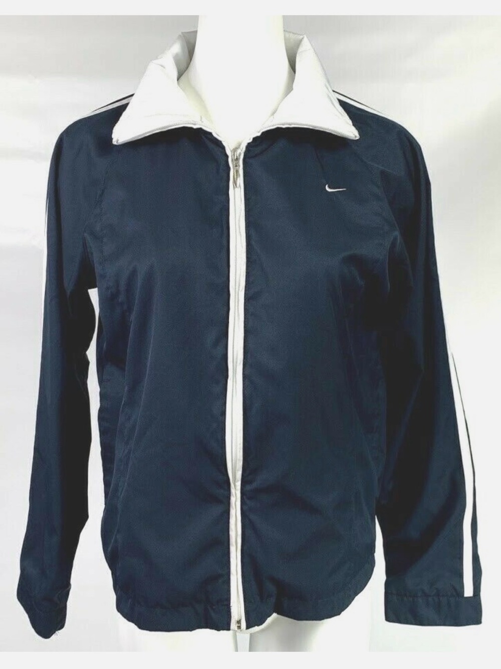Y2K vintage Nike Women's Navy Bomber Jacket with White Trim